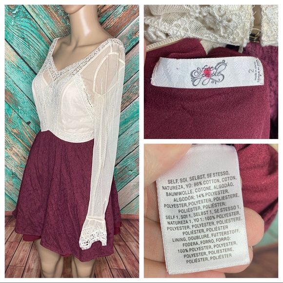 Free People Lace & Brocade Burgundy Long Sleeved Mini Dress - Picture 5 of 5